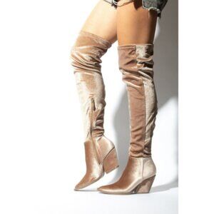 Solid Pointed Toe Chunky Knee High Boots Taupe Size 7